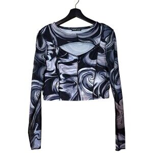 Fairy Grunge Graphic Sheer Long Sleeve Top Y2K Mesh  Cut Out Fitted Crop Top L